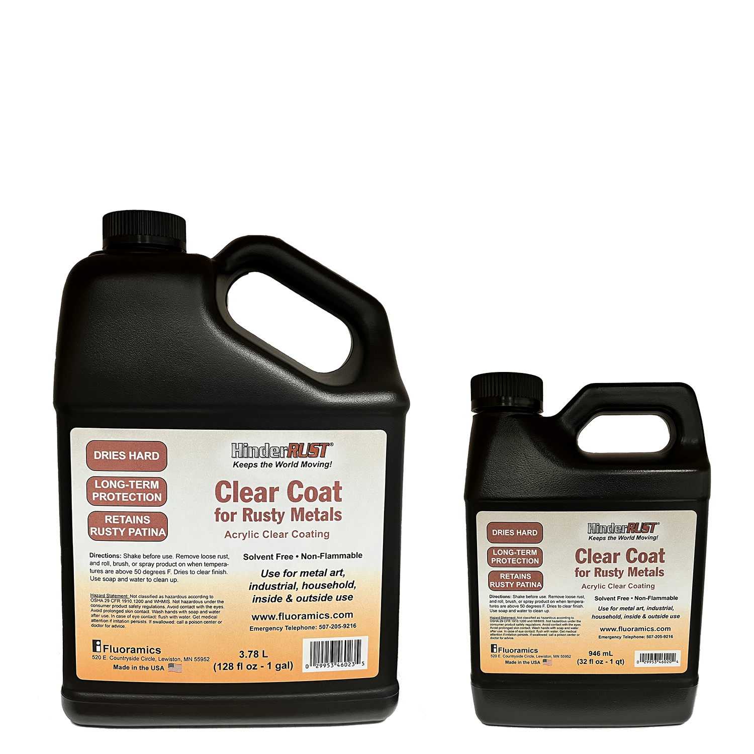 Gallon and quart jugs of HinderRUST Clear Coat for Rust Metals