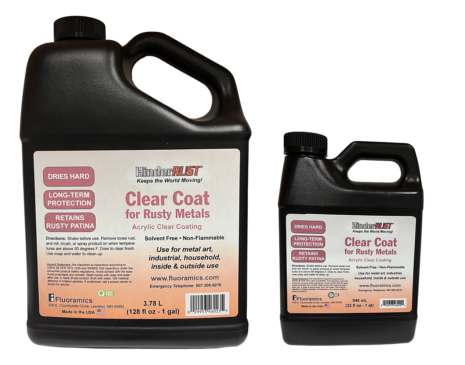 Gallon and quart jugs of HinderRUST Clear Coat for Rust Metals