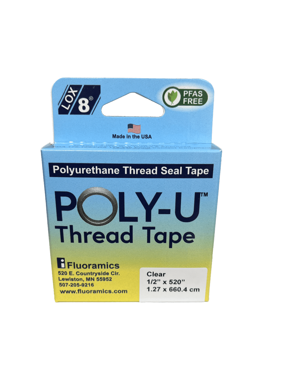 Blue and yellow cardboard box that holds roll of Poly-U tape