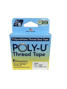 Blue and yellow cardboard box that holds roll of Poly-U tape