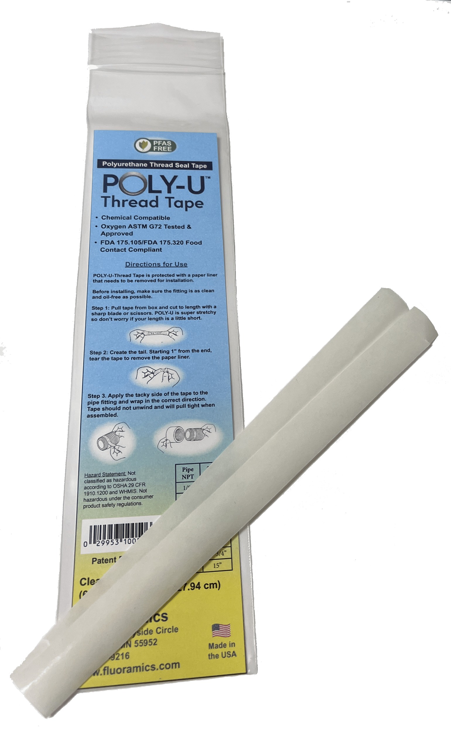 Zip-sealed back with yellow and blue insert card that holds 6 pre-cut strips of Poly-U tape.
